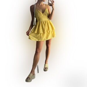 Women's Mini Yellow Sleeveless Tiered Fit and Flare Dress